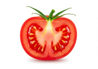 Juicy red tomato sliced in half, isolated on a clean white background