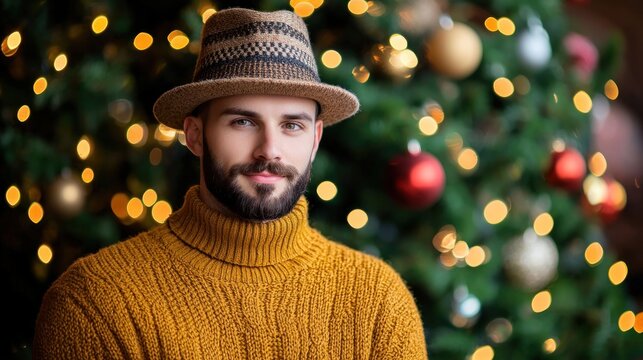 Man in Mustard Sweater and Hat Posing Before Christmas Tree