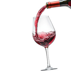 A glass of red wine being poured, creating ripples in the liquid, isolated on a white background.