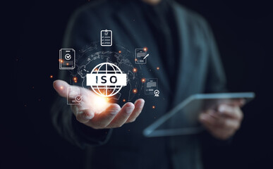 ISO standards quality control, Certification and standardization process, iso certified business, conformity to international standards and quality assurance concept. Person show certificate icon