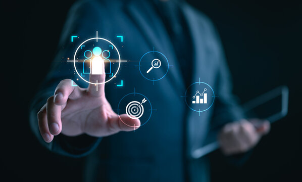 KYC Know your customer concept. Finding the target audience of a business, thinking about marketing to find customers, customer service, social media. Digital marketing online.