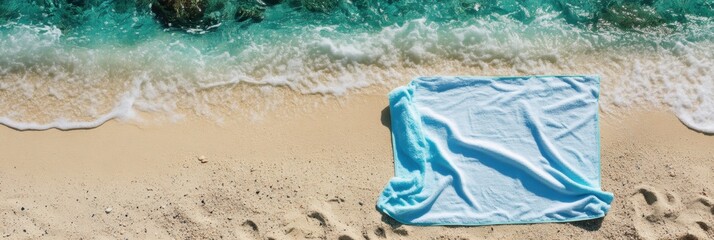 Obraz premium Light Blue Beach Towel on Sandy Shore with Ocean Waves Summer Vacation Concept