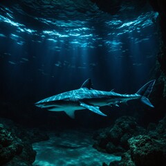 Fototapeta premium A glowing bioluminescent shark swimming gracefully in a dark underwater cavern.