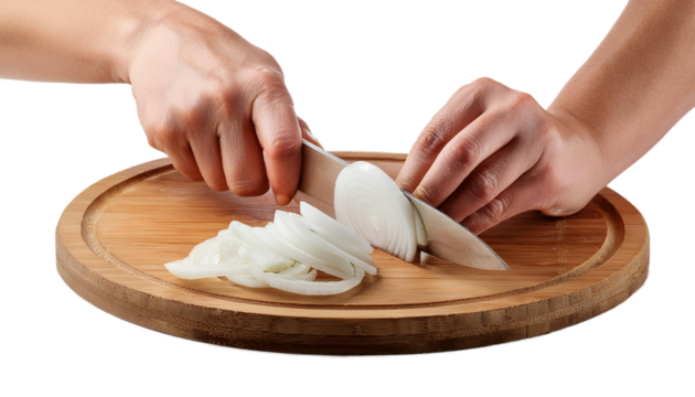 Close up of Hands Slicing Onion on Kitchen Board, Isolated on Transparent Background - Powered by Adobe