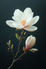 Elegant Magnolia Blossom Branch Against Dark Background