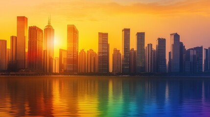 Obraz premium Rainbow accents and LGBTQ pride symbols blending with a vibrant city skyline under a warm, golden hour sky.