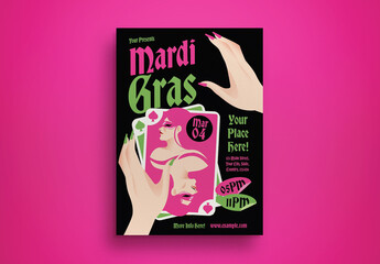 Pink Green Quirky Illustration Mardi Gras Flyer Layout