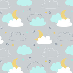 clouds and moon stars seamless background repeating pattern, wallpaper background, cute seamless pattern background.