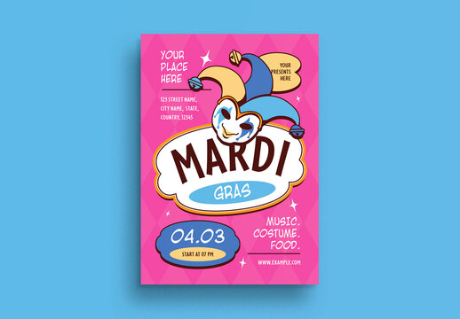 Pink Quirky Illustration Mardi Gras Flyer Layout
