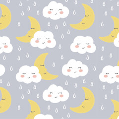 Seamless cartoon sky pattern with clouds rain drops. Cute doodle decorative scandinavian print for textile fabric apparel kid nursery design.