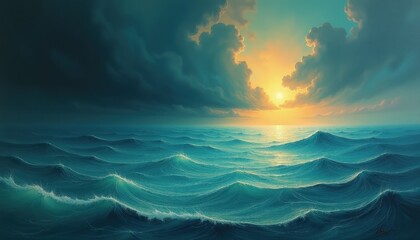 Fototapeta premium Serene Sunset Painting Over Ocean Waves in Vibrant Blues and Oranges