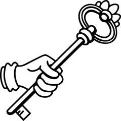 Black Line Art of a Hand Holding a Key - Vector Illustration