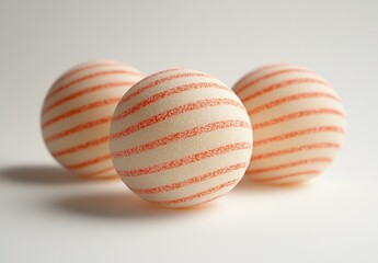 Three Delicate Decorative Balls with White Base and Orange Stripes on Soft Background Ideal for Modern Home Decor and Artistic Projects