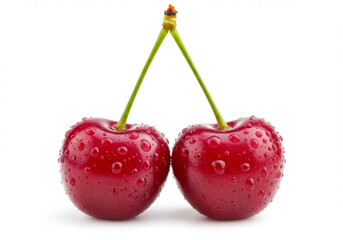 Fresh red cherry with water droplets isolated on white background