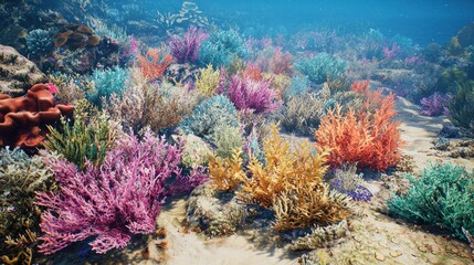 Obraz premium Vibrant coral reef teeming with colorful marine life.