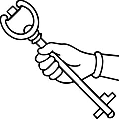 Black Line Art of a Hand Holding a Key - Vector Illustration