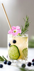 Refreshing cucumber and blueberry cocktail garnished with a pink flower and rosemary, served in a crystal glass