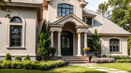 Luxury Home Exterior: Elegant Mansion with Classic Architecture and Landscaped Garden