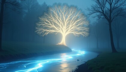 Mystical Forest Illuminated by a Luminous Tree Reflecting in a Misty River Sky