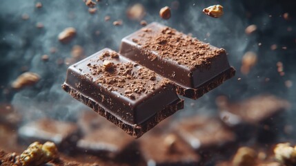 Delicious chocolate bar pieces with cocoa powder and nuts.