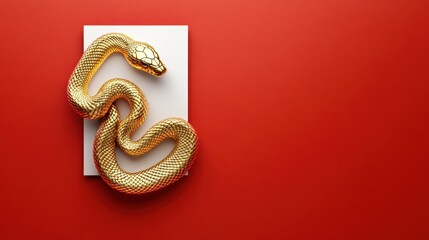 Obraz premium Stylized golden snake surrounding a plain white card on a striking red background. Mockup design for New Year 2025 banners with copy space.