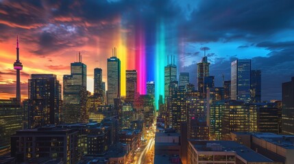Fototapeta premium Urban skyline showcasing subtle LGBTQ symbols and pride colors under a twilight sky. Inclusive design with space for messages.