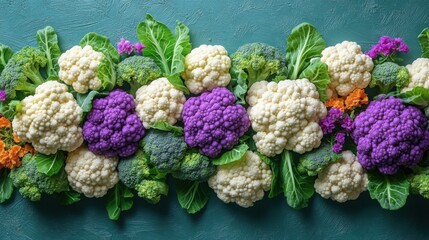 Colorful cauliflower broccoli arrangement fresh vegetables.