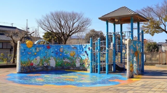 A Japanese playground with colorful murals and an interactive play wall for kids.