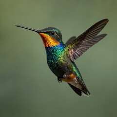 Fototapeta premium A Fiery-throated Hummingbird captured from below, showing its iridescent orange throat and shiny green belly.