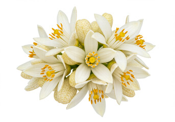 Fototapeta premium Orange tree flowers bunch closeup isolated on white, neroli blossom and white citrus tree bloom