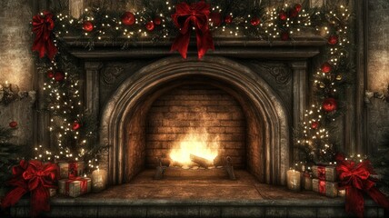 Cozy Christmas Fireplace with Festive Decorations