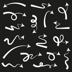 Arrow icon on black background. Curved arrows. Collection of pointers. Simple  isolated  illustration