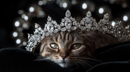 Majestic Tabby Cat Wearing Sparkling Diamond Tiara Crown on Black Velvet