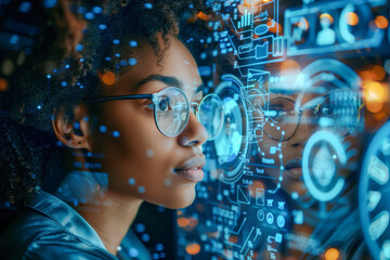 Female Analyst Monitoring Data on Multiple Computer Screens in a Modern Office