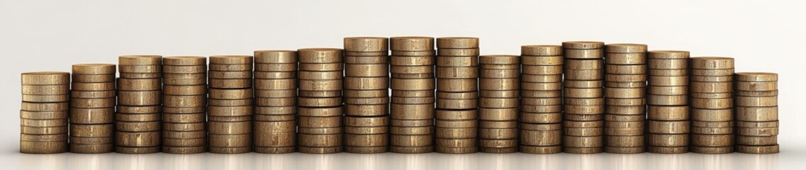 Stacks of coins arranged in a wave pattern on a white background.
