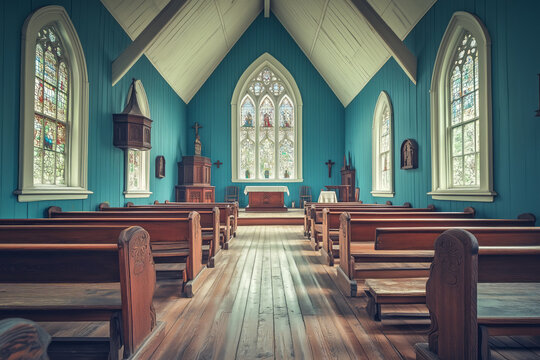 Empty interior of a wooden Catholic church