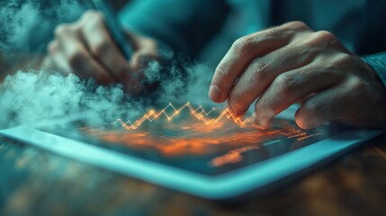 Financial Growth:  A Businessperson Analyzes Data on a Tablet, Visualizing  Upward Trends and Economic Progress Through Futuristic Graphics.