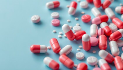 Red and white capsules arranged on a blue backdrop, symbolizing pharmacy and pharmaceutical care
