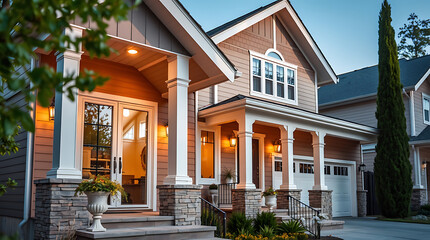 Luxury Home Exterior at Dusk: Modern Architectural Design and Landscaping