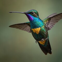 Fototapeta premium A Fiery-throated HumA Fiery-throated Hummingbird tilting its head with its beak slightly open as if singing, set against a white background.rquoise and gold feathers.