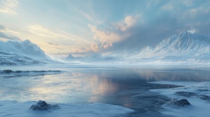 Fototapeta premium Majestic winter landscape frozen lake digital art serene environment wide angle tranquil beauty for nature lovers