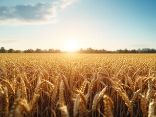 Naklejka premium Golden wheat field under a serene sunset sky