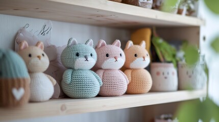 Adorable Crochet Cat Collection on Wooden Shelf