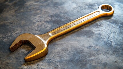 Golden Wrench on Dark Textured Surface Repair Tool Maintenance Concept