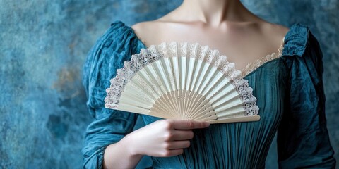 Woman in a blue regency dress holding an elegant white lace fan