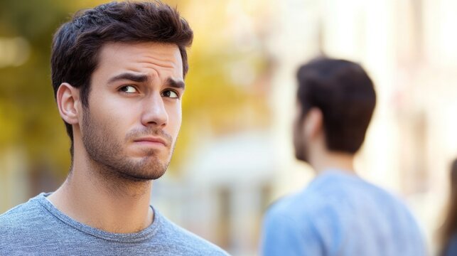 A man with a furrowed brow, feeling envious while observing his friend&acirc;&euro;&trade;s success.