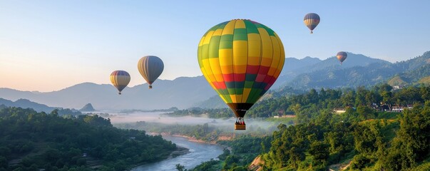 Fototapeta premium Hot air balloons soar over mountains nature landscape sunrise