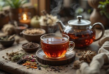 Aromatic Herbal Tea Brewing in Glass Teapot and Cup