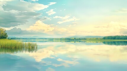 Obraz premium Serene lake reflecting clouds and trees under a pastel sky.