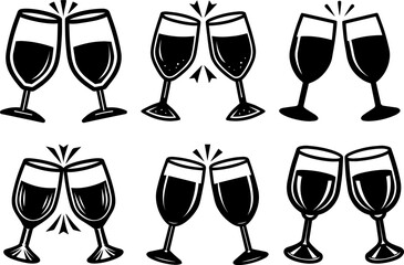 Set of Black Silhouette of a Wineglass in Toast - Vector Illustration
